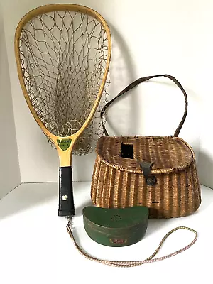 Vint. Fishing Accs. Set Basket SCOTCHLINE WN-4 Net & Metal PENN Worm Holder Tin • $150