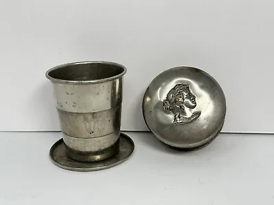 Vintage Collapsible Metal Drinking Cup With Fair Lady Embossed On Lid • $17.99