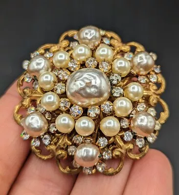 Miriam Haskell Signed Vintage Faux Pearl Rhinestone Gold Tone Flower Brooch Pin  • $139