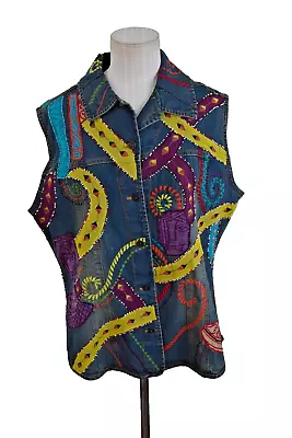 Vintage Chico's Design Denim Vest Women's Embroidered Face Beaded Size 2 • $27.95