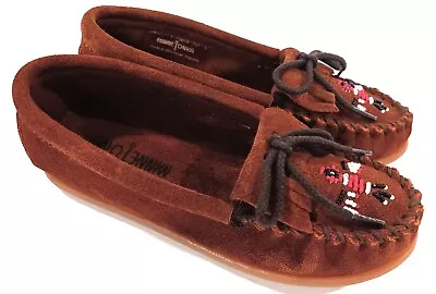2602 Minnetonka Moccasin Youth Sz 4 Thunderbird Beaded Brown Suede Leather Mocs • $19.99