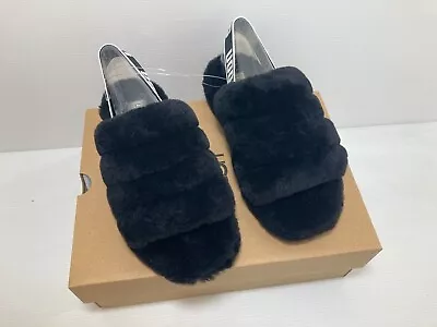 UGG Fluff Yeah Slide Black Woman's Sheepskin Slipper Sandals NEW! • $53.78