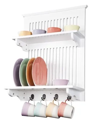 Aston Kitchen Plate Rack With Shelf White Wood Wall Mounted • £47.94