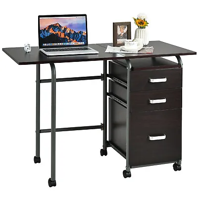 Folding Computer Laptop Desk Wheeled Home Office Furniture W/3 Drawers Brown • $109.99