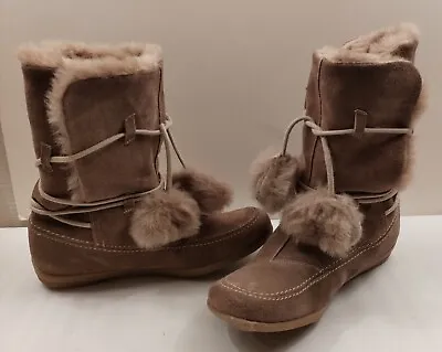  Cotton Traders Ladies Igloo Style Mocassin Ankle Boots Tan Suede/Faux Fur • £9.99