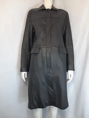 Miss Selfridge Black Leather Jacket Knee Length Button Up Size 14 UK Womens • £29.99