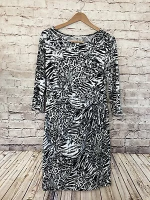 AA Studio Dress Women’s 14 Gray Animal Print Long Sleeve A Line Midi Tie Front • $18.04