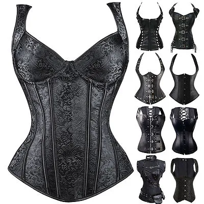 Women Black Steampunk Gothic Corset Basque Bustier Night Clubware Tops Lingerie • £21.79