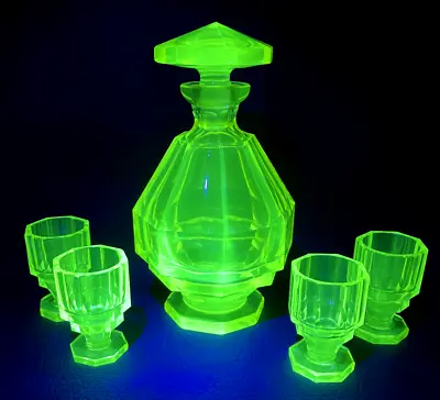 Art Deco Bohemian Moser Liquor Decanter With Four Glasses Uranium Vaseline Glass • $359.99