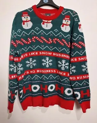 H&M Christmas Jumper Mens Sweater Crew Neck Snowman's Xmas Green Red Knit XL • £8