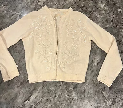 Vintage Hong Kong 1950's Beaded Cardigan Sweater  White Floral Dent Back M/L • $5