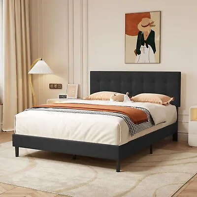 Fabric Upholstered Platform Bed Frame: Headboard Wooden Slats Bedroom • $213.55