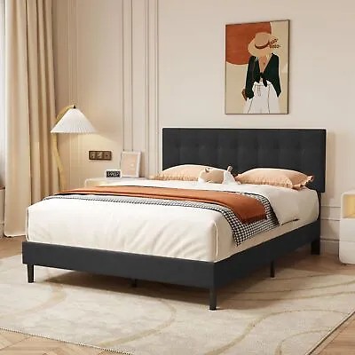 Fabric Upholstered Platform Bed Frame With Headboard And Wooden Slats Bedroom • $205.66