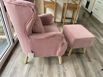 Scallop Back Pink Matte Velvet Arm Chair And Footstool  • £50