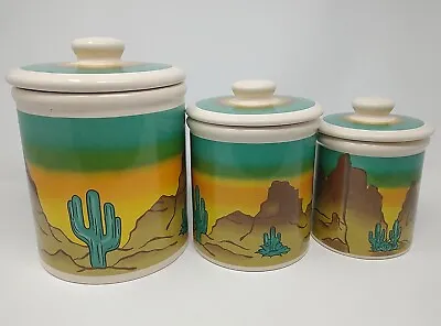 Southwest Ceramic Canister Set Cactus Mountains Desert Western Style Vintage Jar • $101.78