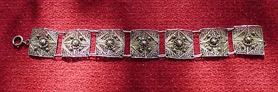 Vintage Solid 925 Sterling Silver Ornate Filigree Panel Bracelet Floral Portugal • $9.99