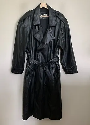 Viaggio Trench Coat Black Leather Collared Double Breasted Belt Lined Size M • $169.95