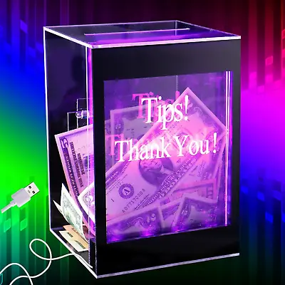 Light Up Acrylic Donation Ballot Box - 20 Colors Changing Tip Jar For Money With • $47.96