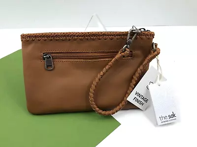 Sak Sakroots VITA Tobacco Brown Leather Top Zip Wristlet Pouch Wallet Free Ship • $97.64