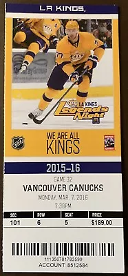 Los Angeles Kings 3/7/2016 NHL Ticket Stub Vs Vancouver Canucks • $6.95