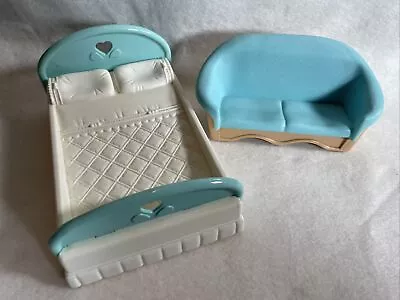 Loving Family Doll House Furniture SOFA /Couch And Bed Blue And White 1993 • $12