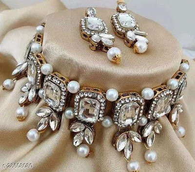 Indian Bollywood Gold Plated Kundan Choker Bridal Necklace Pearl Jewelry Set • $16.92