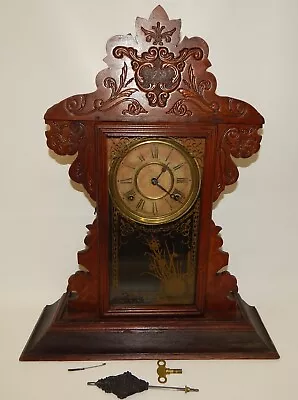 Antique Welch Fancy Wooden Shelf Mantel Clock With Reverse Painting • $164.99