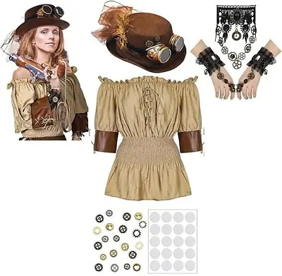 Steampunk  Costume Accessories Blouse Feather Hat Goggles Gloves Choker S/M • $17.88