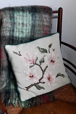 Light Green+ Pink Magnolia Flower Vintage Needlepoint Floral Pillow    • $40