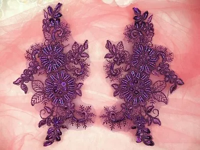 Appliques Floral Venise Lace Purple  Mirror Pair Sequin Beaded Set DH50 • $7.99