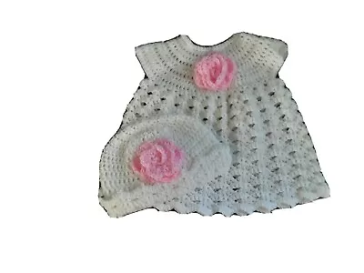 £6.50 • Buy A New Hand Crochet Baby Girl Dress And Hat White And Pink 3 - 6 Months