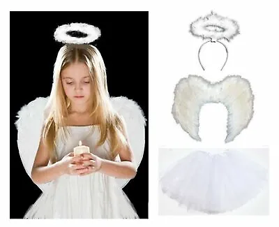 Angel White Light Up Tutu Halloween Wings Halo Costume Girls Fancy Dress Party • £11.35