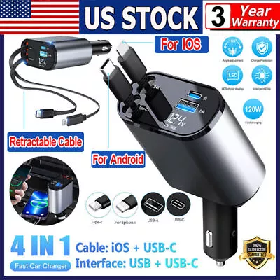 4 IN 1 Car Charger Retractable Cable Adapter Dual Port USB-C PD Fast Charging US • $20.94