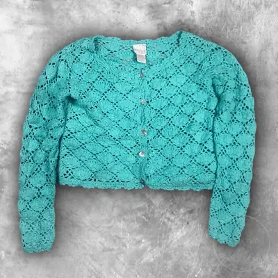 Moda Int’l Womens Vintage Hand Knit Ramie Blend Cropped Cardigan Small Teal • $25