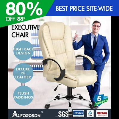 ALFORDSON Office Chair Executive Gaming Computer Racer PU Leather Seat Beige • $129.95