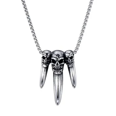 Mens Gothic Biker Skull Elephant Tooth Pendant Necklace On Long Chain Lagenlook • $4.70