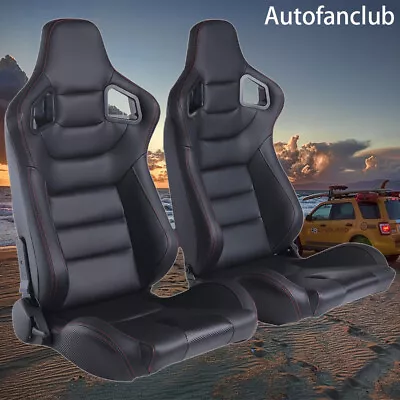 2Pcs Adjustable Reclinable Bucket Seats Black+Red PVC Racing Seats W/2 Sliders • $318.88