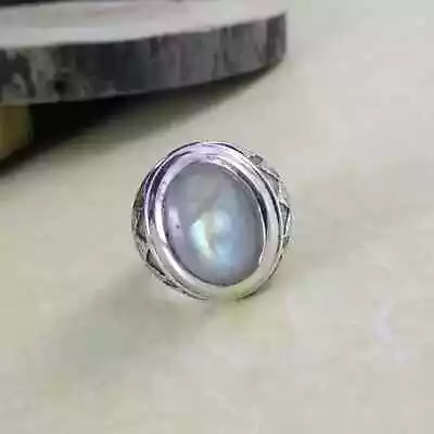 Solid 925 Sterling Silver Natural Rainbow Moonstone Gemstone Men's Ring Size • $38.69