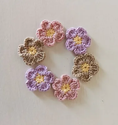 Handmade Crochet 6 Flowers Pastel Pink Lilac Beige  Applique Sewing Crafts • £9