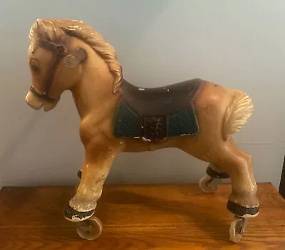 Blazon 1965 Child's Miniature Riding Horse 16  Tall Blow Mold On Wheels Vtg Toy • $42