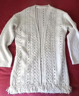 Cotton Mix Fringed Long Cardigan Size 12 From Matalan Cream Knitted Cable Etc • £7