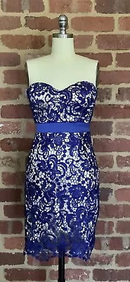 Elle Zeitoune Crochet Lace Blue Dress Size 8 Strapless Straight Padded Bust • $40
