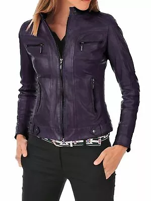 Women's Purple Leather Jacket 100% Real Soft Lambskin Leather Biker Jacket • $239.82