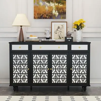 Storage Cabinet Accent Buffet Sideboard W/4Mirror Doors&Adjustable Shelves Black • $218.59