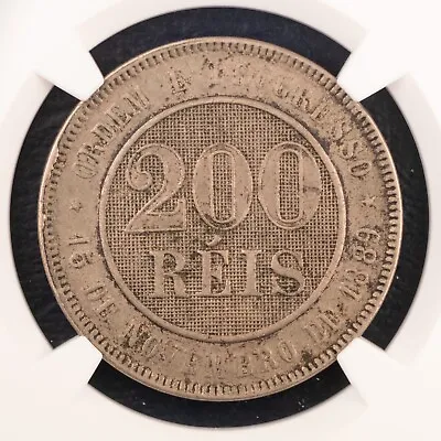 1889 Brazil 200 Reis NGC AU55 Early Brazilian Slider Coin KM 493 #141 • $65