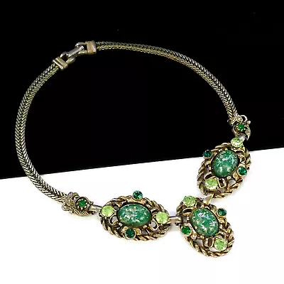 Vintage 50's Victorian Revival Green Confetti Lucite Rhinestone Collar Necklace • $45