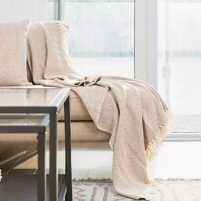 Beige Large XL & XXL Cotton Traditional Herringbone Chair / Sofa / Bed Throws • £16.11