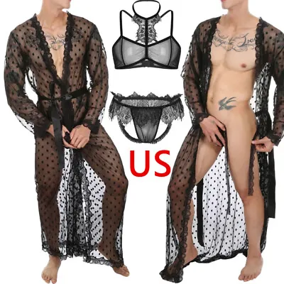 Mens Long Sleeve Pajamas Sleepshirt Silk Lace Night Gown Robe G-String Underwear • $17.75