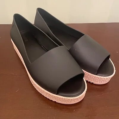 Melissa Women’s Size 8 Puzzle Black Open Peep Toe Slip On Jelly Platform Flats • $40