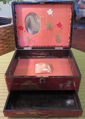 Vintage Marked JAPAN Oriental Wood Jewelry Box W Hand Painted PAGODA Scene NEAT • $29.97